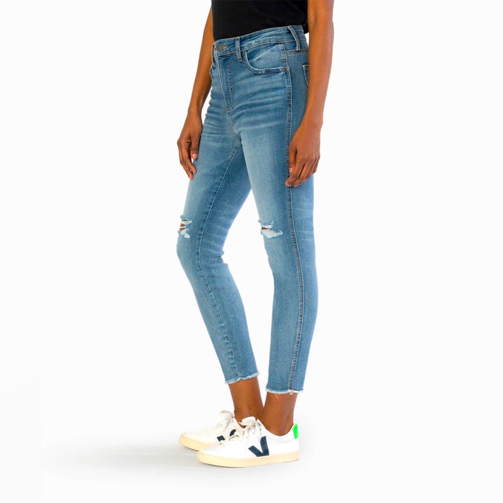 KUT from the Kloth “Connie”Ripped Exposed Button-Fly Raw Hem Ankle Skinny Jeans